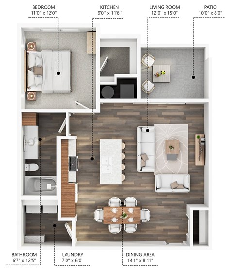 Floor plan for 1 bed, 1 bath, 804 sqft